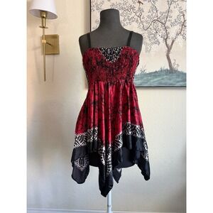 Advance Apparels Red Black Batik Smocked Handkerchief Hem Top Mini Dress OS